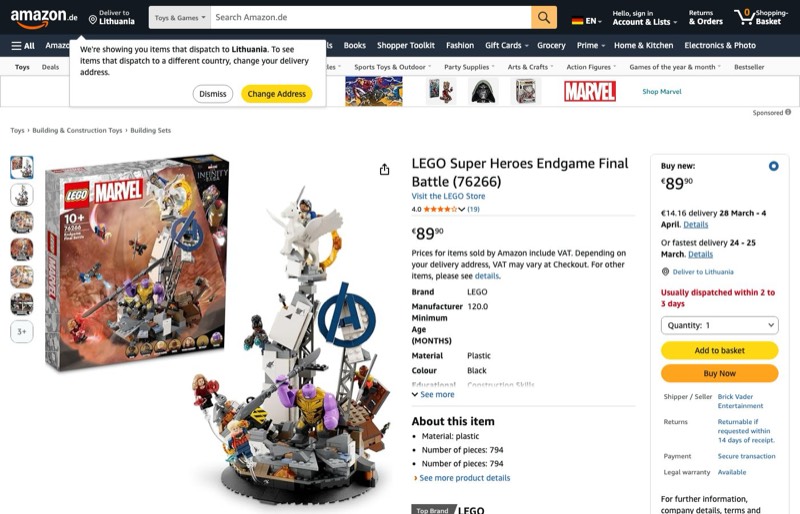 LEGO Super Heroes 76266 kaina Amazon.de — 89,90 €