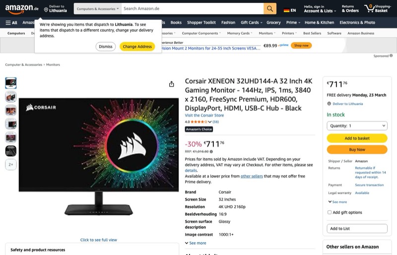Corsair XENEON 32UHD144-A 4K Gaming kaina Amazon.de — 711,76 €