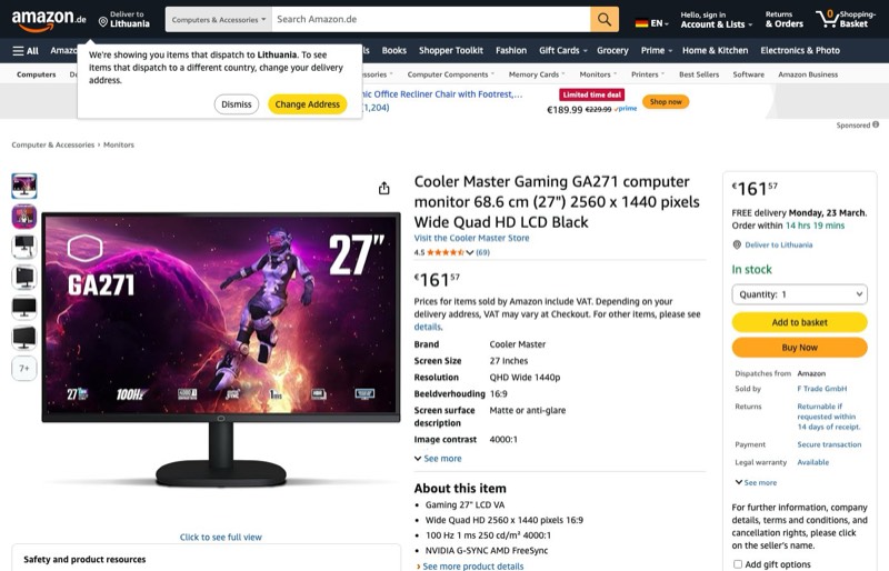 Cooler Master Gaming GA271 Computerbildschirm 68 kaina Amazon.de — 161,57 €