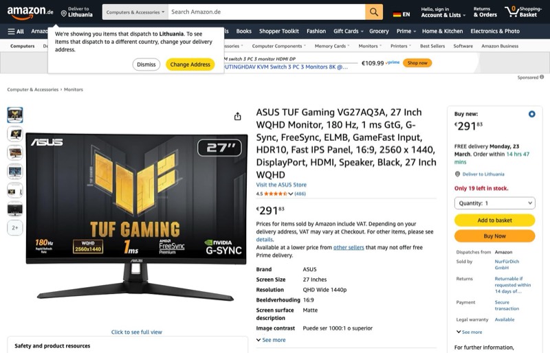 ASUS TUF Gaming VG27AQ3A 27" 180Hz kaina Amazon.de — 291,83 €