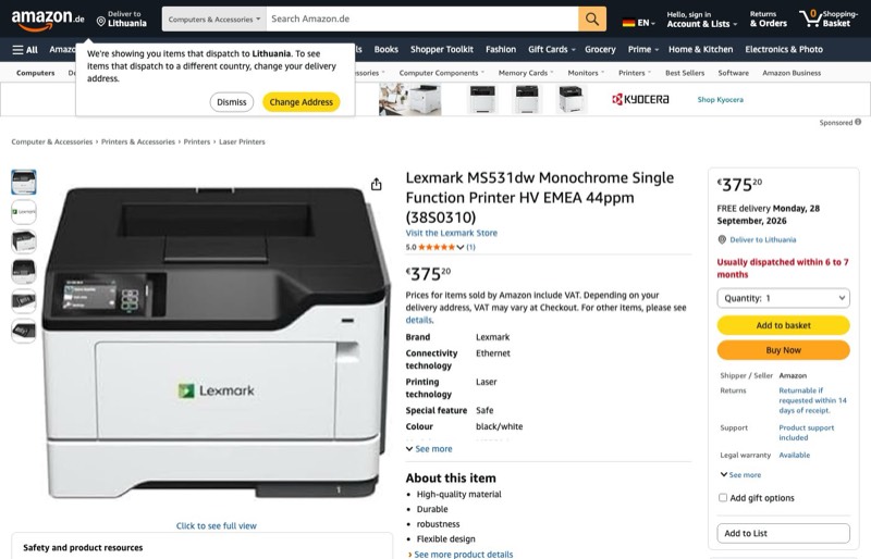 Lexmark MS531dw Monochrome Singlefunction Printer HV EMEA kaina Amazon.de — 375,20 €