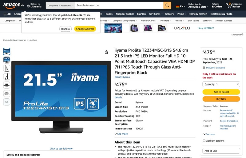iiyama Prolite T2234MSC-B1S 54 kaina Amazon.de — 475,06 €