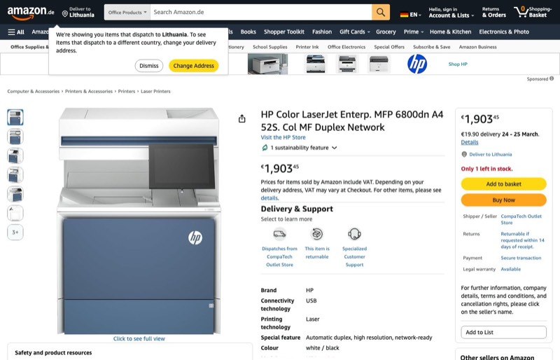 HP Color LaserJet Enterp. MFP 6800dn A4 52S. Col MF Duplex kaina Amazon.de — 1903,45 €