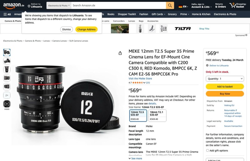 MEKE 12 mm T2.5 Super 35 Prime Kinoobjektiv EF-Mount Cine kaina Amazon.de — 569,40 €