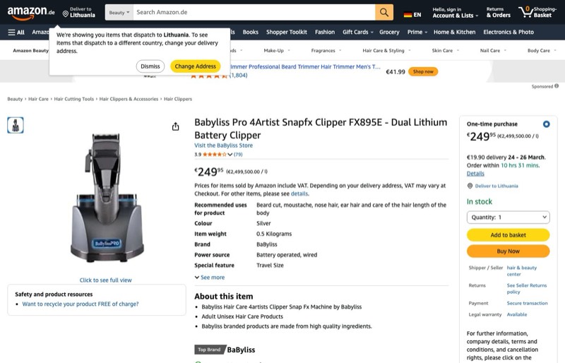 Babyliss Pro 4Artist Snapfx Clipper FX895E kaina Amazon.de — 249,95 €