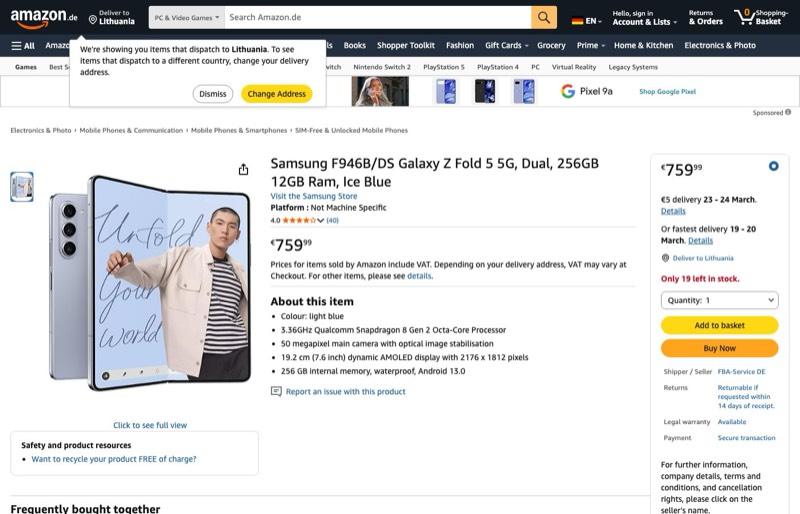 Samsung F946B/DS Galaxy Z Fold 5 kaina Amazon.de — 759,99 €