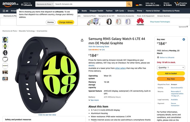 Samsung Galaxy Watch 6 LTE 44mm Graphite kaina Amazon.de — 184,57 €