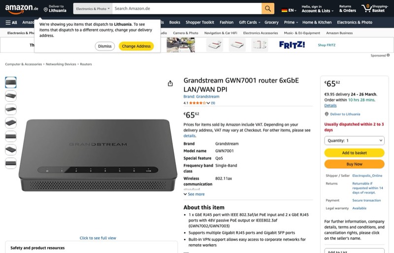 Grandstream GWN7001 Router 6xGbE LAN/WAN DPI kaina Amazon.de — 65,62 €
