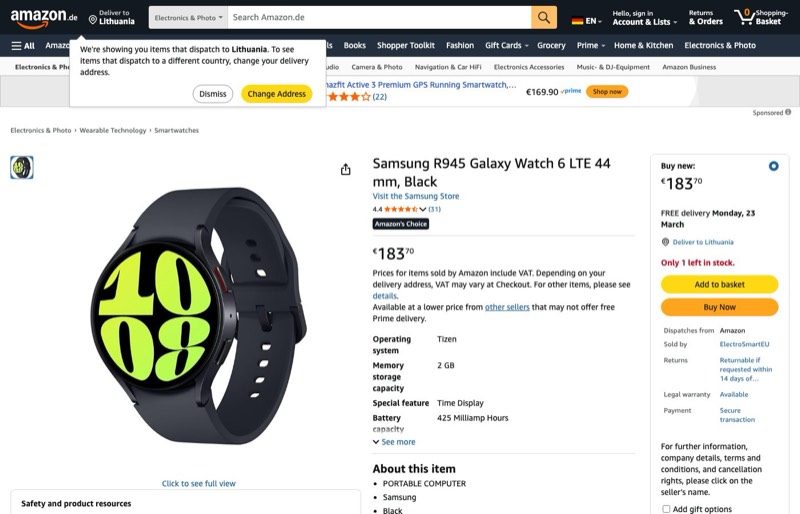 Samsung Galaxy Watch 6 LTE 44mm Black kaina Amazon.de — 183,70 €
