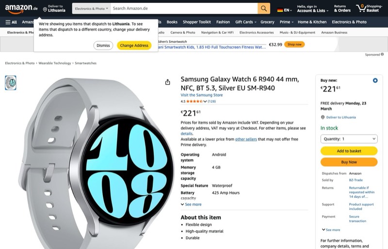 Samsung Galaxy Watch 6 44mm Silver BT kaina Amazon.de — 221,61 €