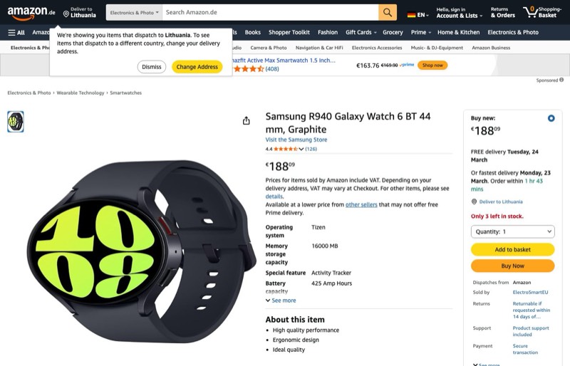 Samsung Galaxy Watch 6 BT 44mm Graphite kaina Amazon.de — 188,09 €
