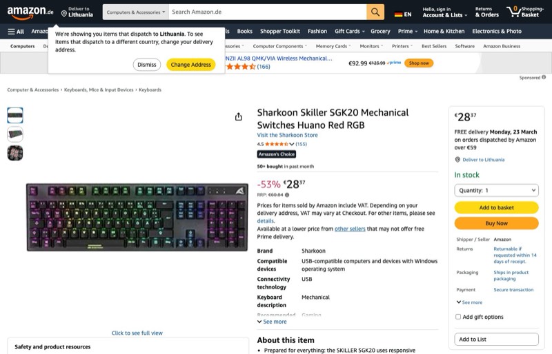 Sharkoon Skiller SGK20 kaina Amazon.de — 28,37 €