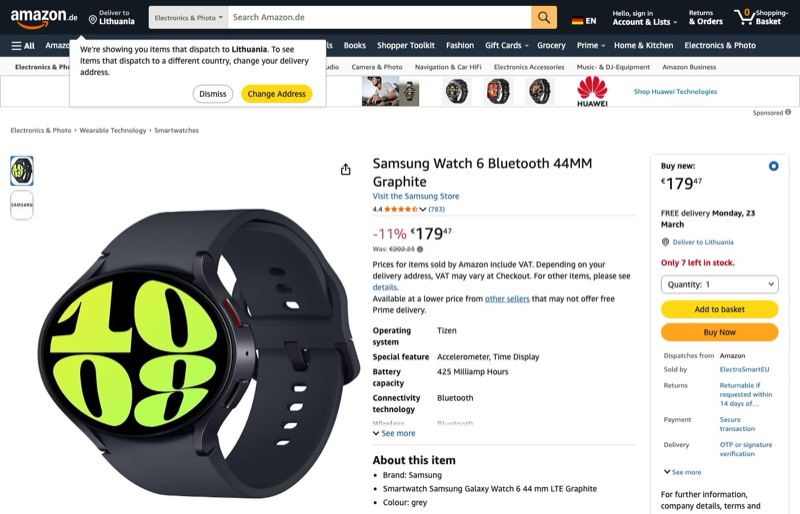 Samsung Galaxy Watch 6 44mm BT Graphite kaina Amazon.de — 179,47 €