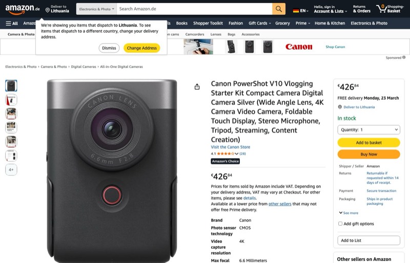Canon PowerShot V10 Vlogging Starter Kit kaina Amazon.de — 426,84 €