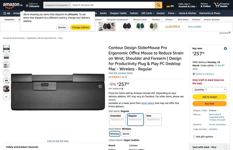 Contour Design SliderMouse Pro Ergonomische Büromaus kaina Amazon.de — 257,06 €