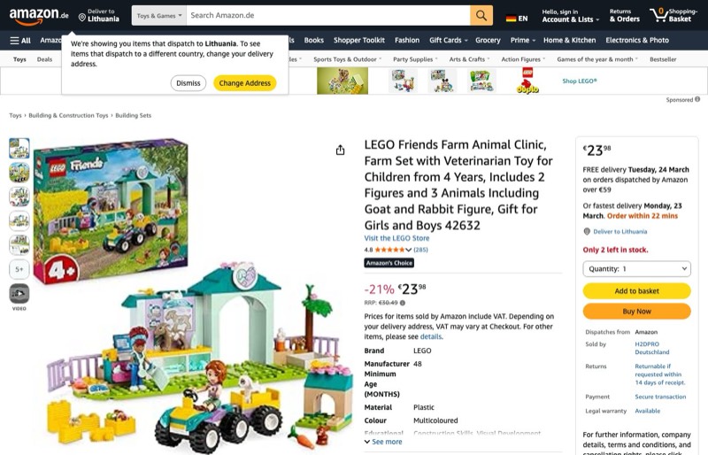 LEGO Friends Farmtierklinik kaina Amazon.de — 23,98 €