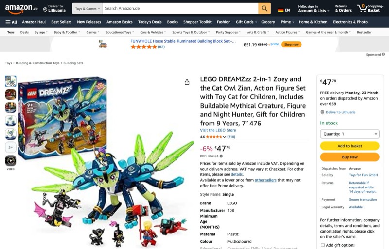 LEGO DREAMZzz Zoey & Cat Owl 71476 kaina Amazon.de — 47,78 €