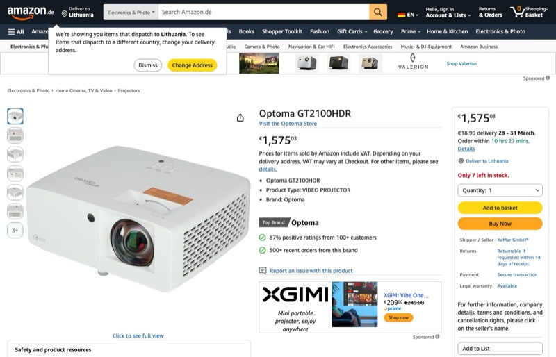 Optoma GT2100HDR kaina Amazon.de — 1575,03 €