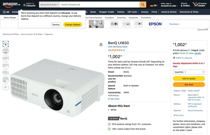 BenQ LH650 kaina Amazon.de — 1002,81 €