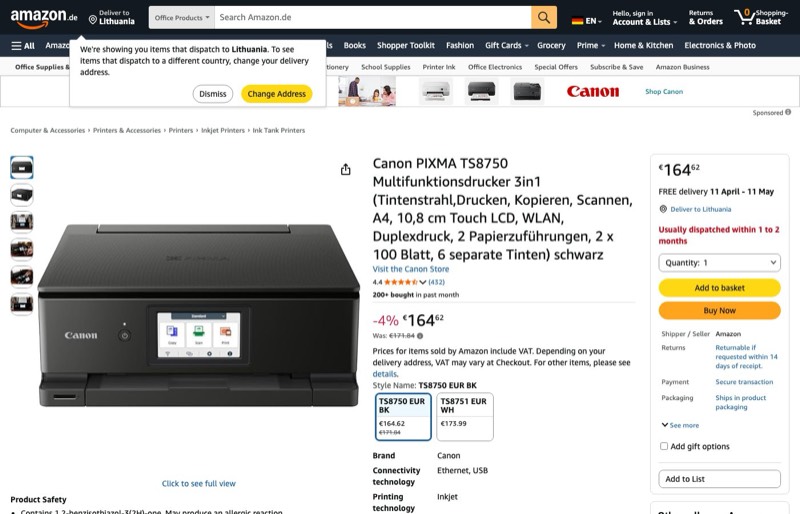 Canon PIXMA TS8750 Multifunktionsdrucker 3in1 (Tintenstrahl kaina Amazon.de — 164,62 €