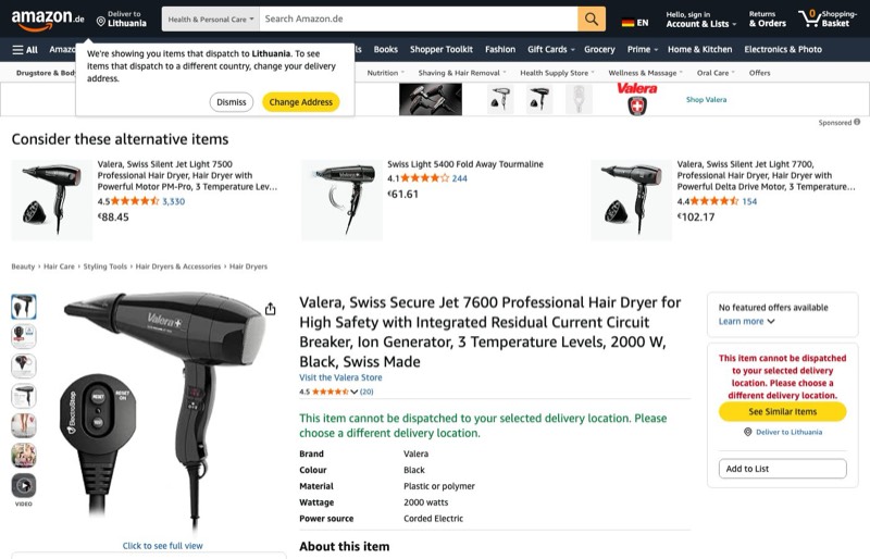 Valera Swiss Secure Jet 7600 Hair Dryer kaina Amazon.de — 86,70 €