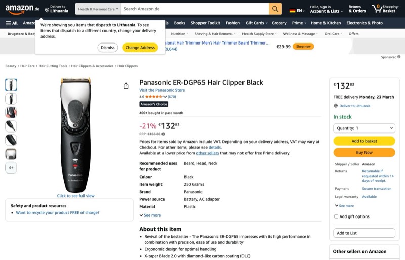 Panasonic Haarschneidemaschine ER-DGP65 kaina Amazon.de — 132,83 €