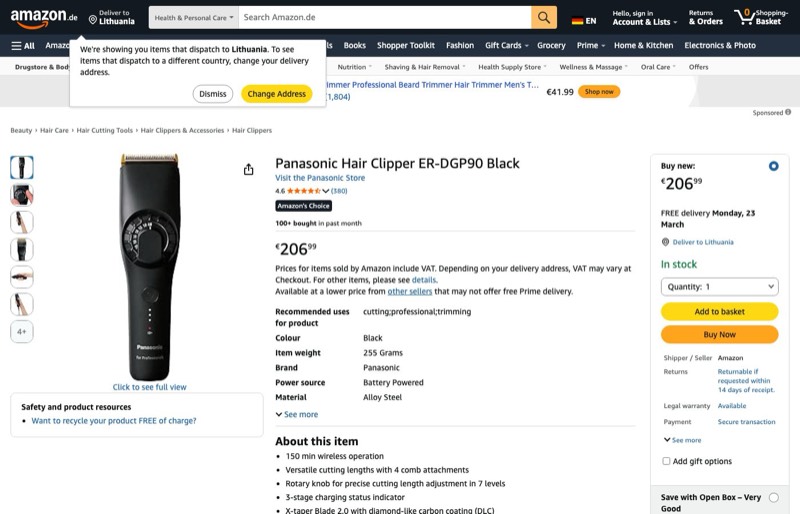 Panasonic ER-DGP90 Professional Clipper kaina Amazon.de — 206,99 €