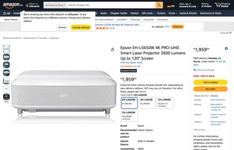 Epson EH-LS650W 4K PRO-UHD Smart-Laserprojektor kaina Amazon.de — 1959,00 €