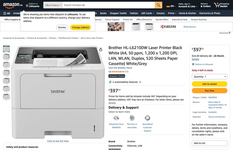 Brother HL-L6210DW Laserdrucker weiß (A4 kaina Amazon.de — 397,57 €