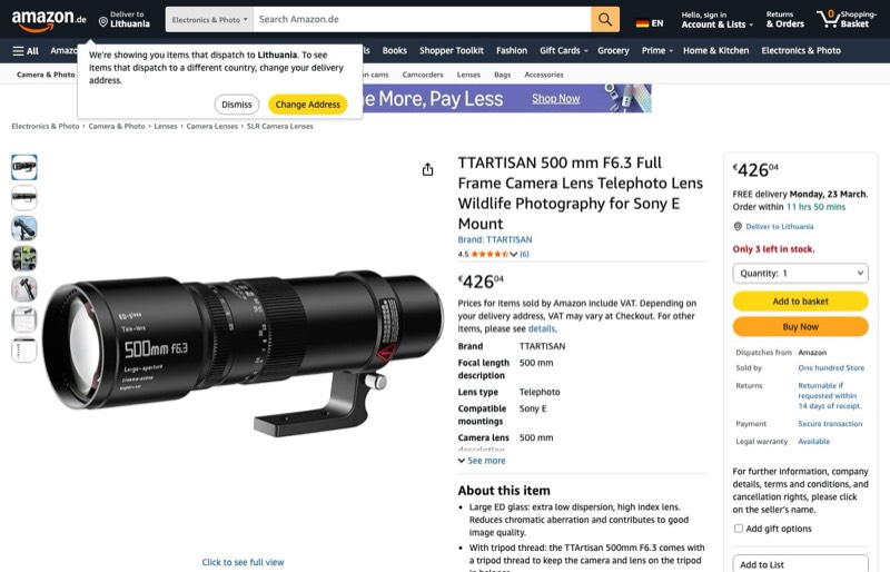 TTARTISAN 500mm F6.3 Vollformat Kameraobjektiv Teleobjektiv kaina Amazon.de — 426,04 €