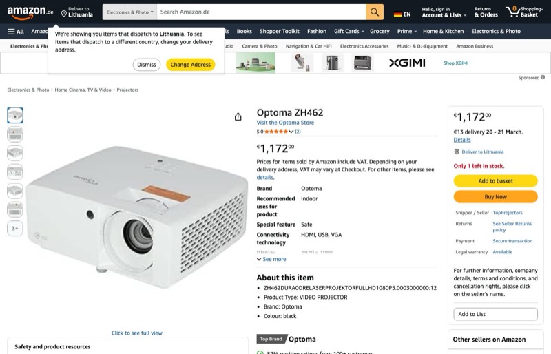 Optoma ZH462 Full HD Laser Projector kaina Amazon.de — 1172,00 €