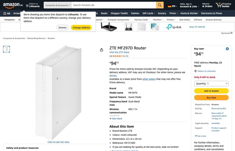 ZTE MF297D Router kaina Amazon.de — 94,55 €