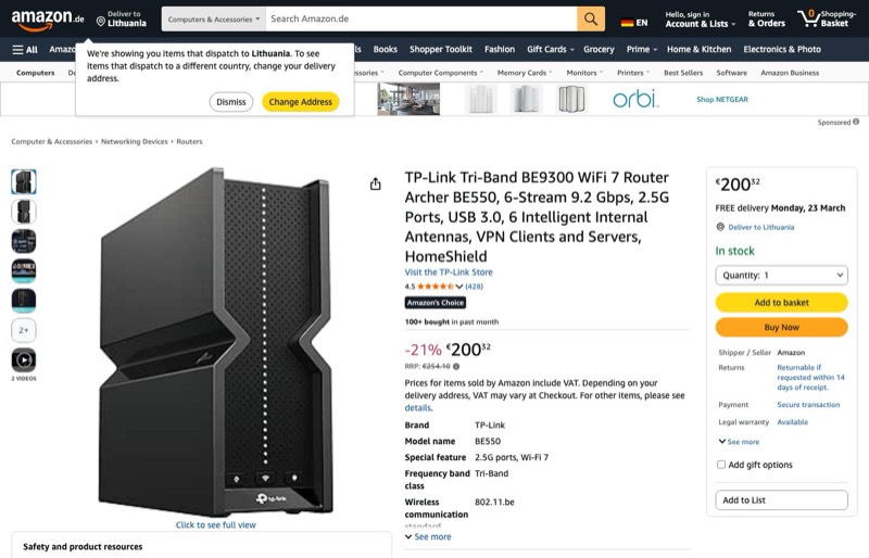 TP-Link Tri-Band BE9300 WiFi 7 Router Archer BE550 kaina Amazon.de — 200,32 €