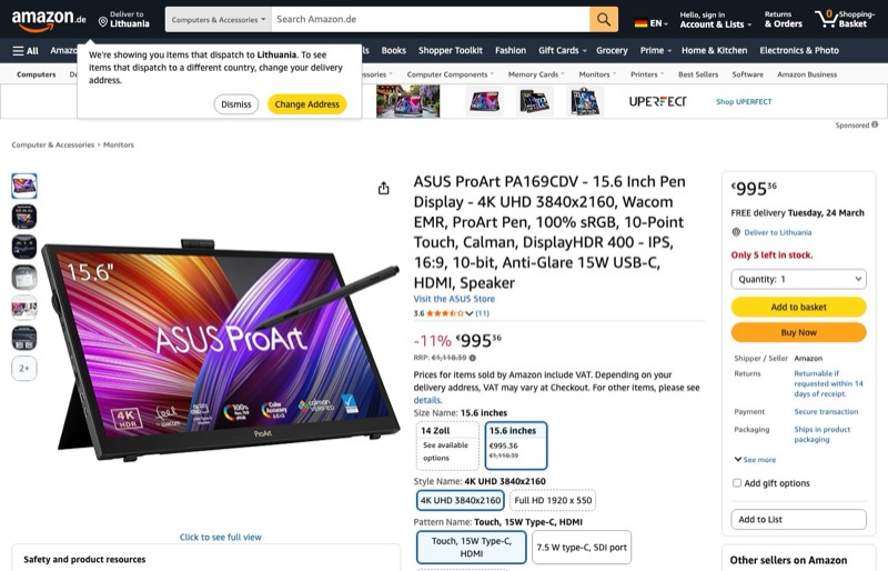ASUS ProArt PA169CDV kaina Amazon.de — 995,36 €