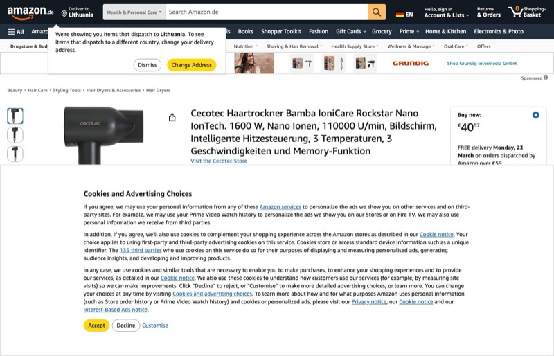 Cecotec Bamba IoniCare Hair Dryer kaina Amazon.de — 40,57 €