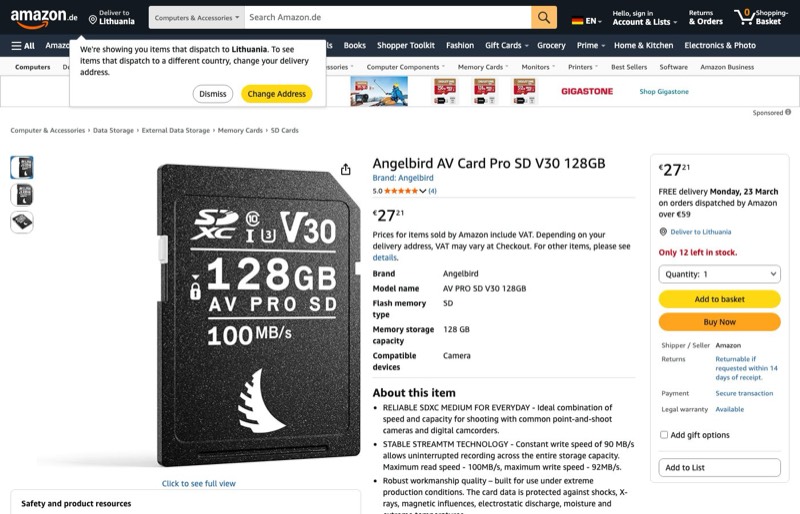 Angelbird AV-Karte Pro SD V30 128 GB kaina Amazon.de — 27,21 €