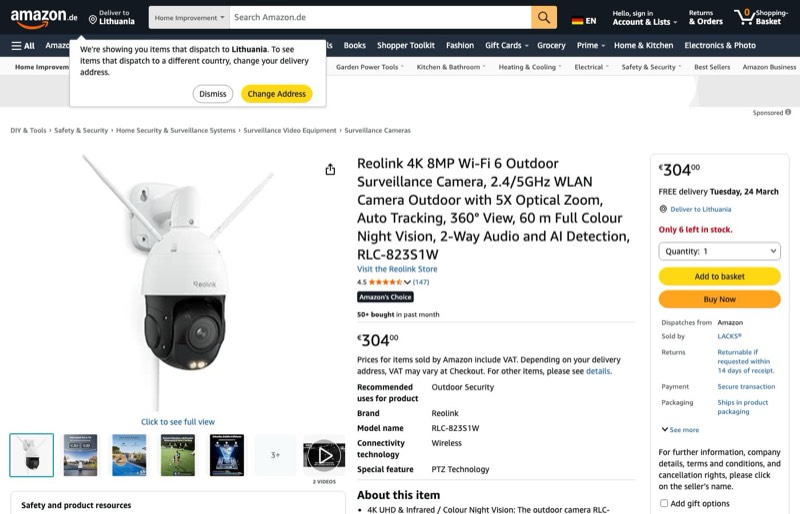 Reolink 4K Wi-Fi 6 Überwachungskamera Aussen kaina Amazon.de — 304,00 €