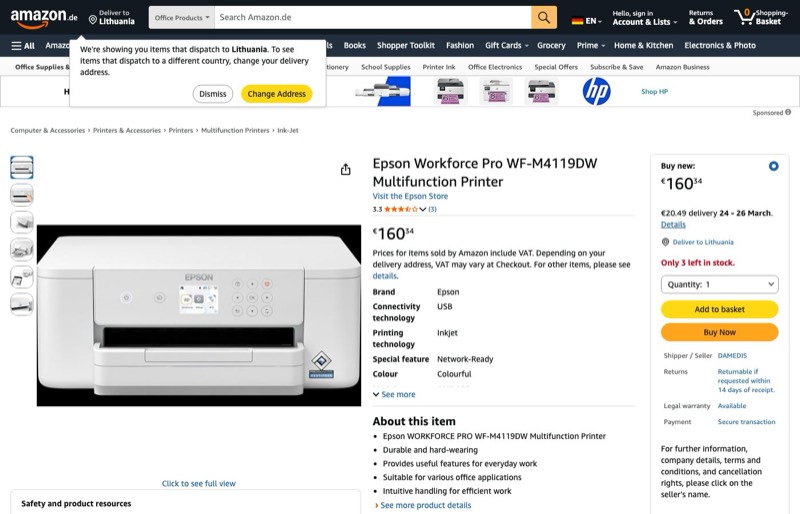 Epson Workforce Pro WF-M4119DW Multifunktionsdrucker kaina Amazon.de — 160,34 €