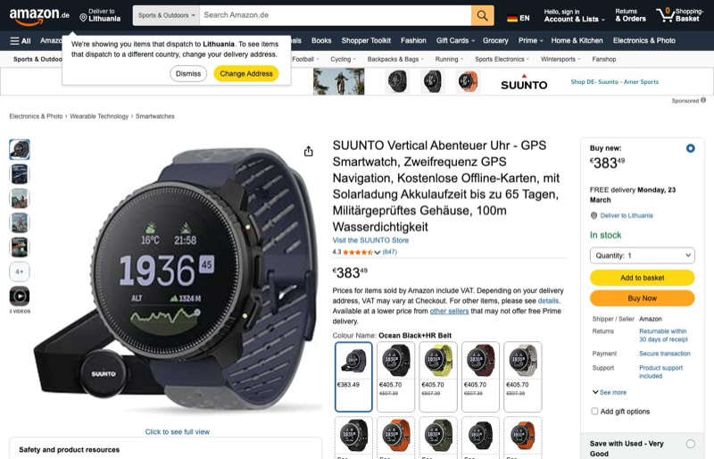 Suunto Vertical kaina Amazon.de — 383,49 €