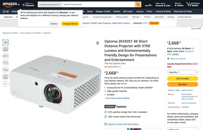 Optoma ZK430ST kaina Amazon.de — 2668,79 €