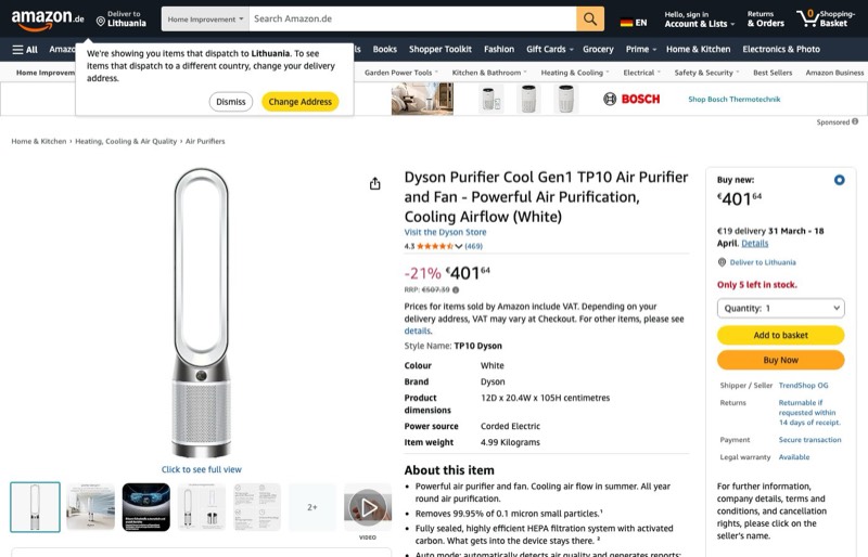 Dyson Purifier Cool Gen1 TP10 Luftreiniger Ventilator kaina Amazon.de — 401,64 €