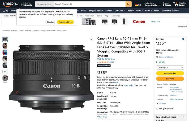 Canon RF-S Objektiv 10-18mm F4.5-6.3 IS STM kaina Amazon.de — 335,53 €