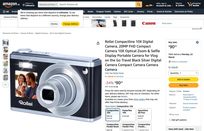 Fotoaparatas Rollei Compactline 10x kaina Amazon.de — 90,50 €