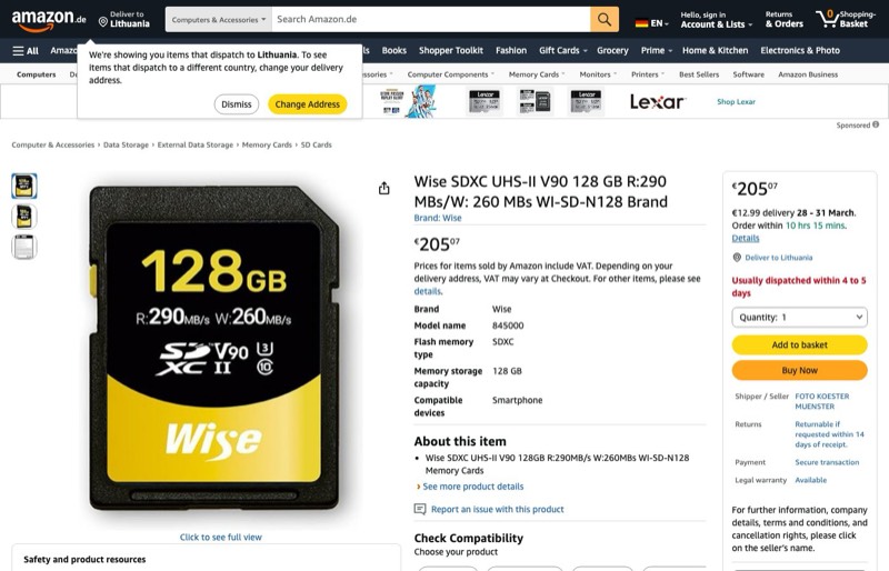 Wise SDXC UHS-II V90 128 GB R:290 MBs/W: 260 MBs WI-SD-N128 kaina Amazon.de — 205,07 €