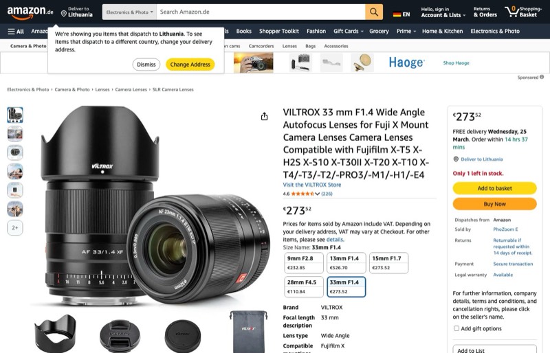 VILTROX 33mm F1.4 Fuji X kaina Amazon.de — 273,52 €