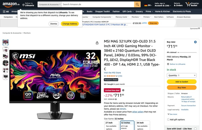 MSI MAG 321UPX QD-OLED 4K UHD Gaming kaina Amazon.de — 711,66 €