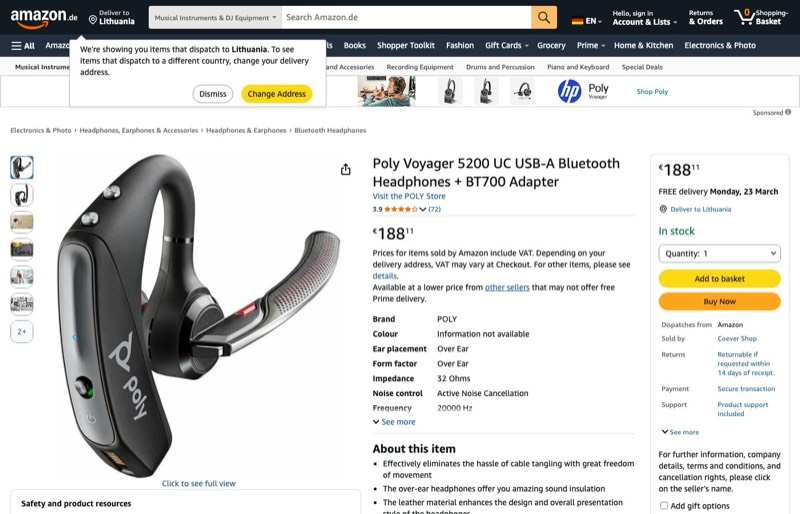 Poly Voyager 5200 UC Bluetooth Headset kaina Amazon.de — 188,11 €
