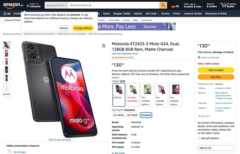 Motorola Moto G24 128GB kaina Amazon.de — 130,76 €