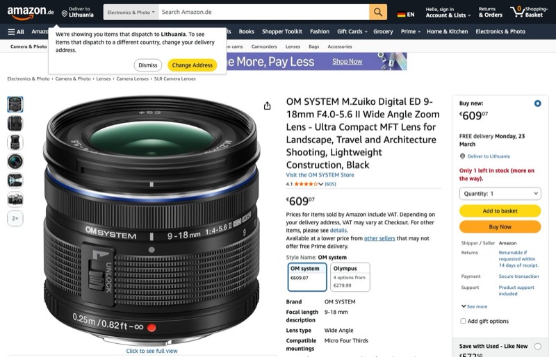 OM SYSTEM M.Zuiko Digital ED 9-18mm F4.0-5.6 II kaina Amazon.de — 609,07 €