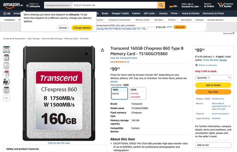 Transcend 160GB CFexpress 860 Typ B kaina Amazon.de — 99,99 €